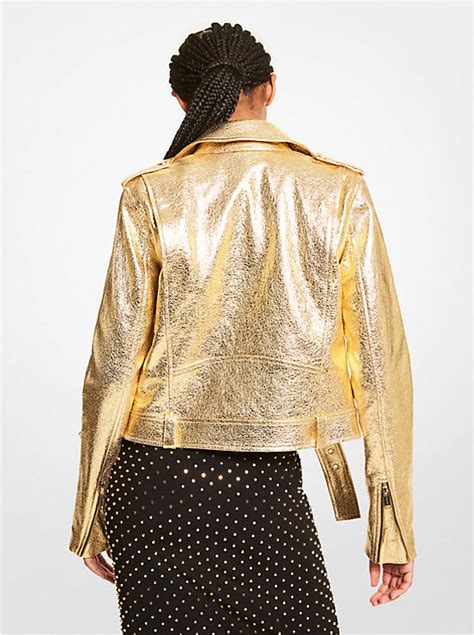 Metallic Crackle Leather Moto Jacket 